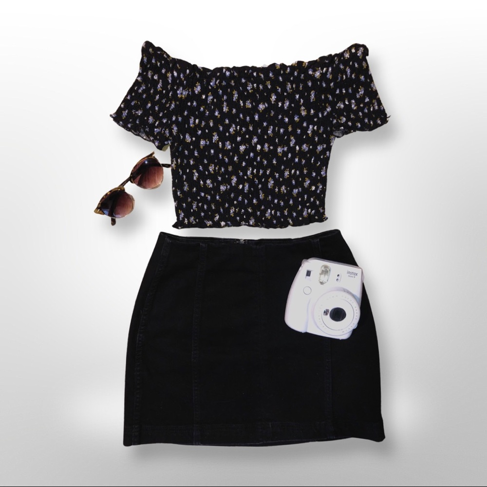 Black denim mini skirt
